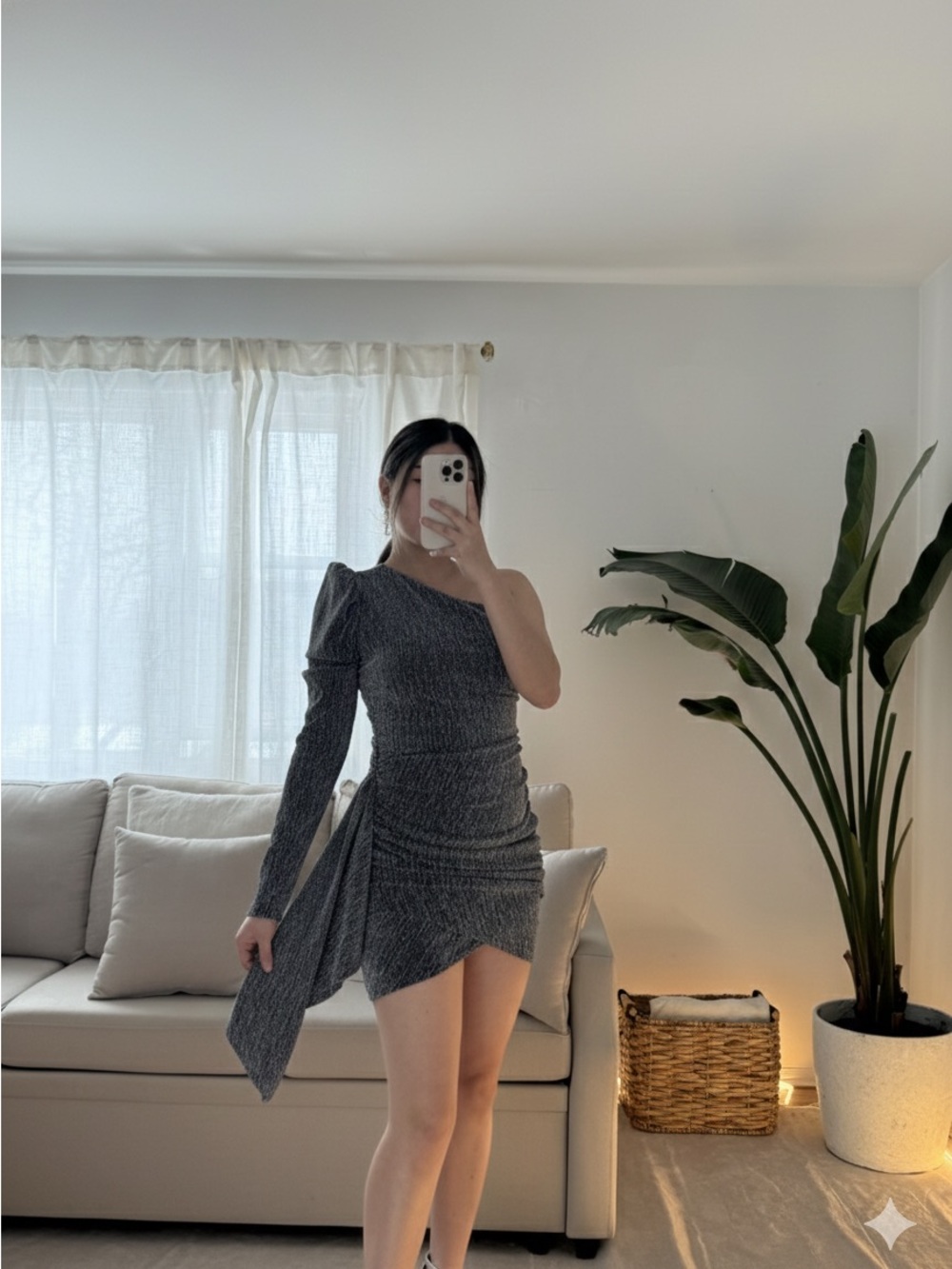 One-Shoulder Black Sparkle Ruched Mini Dress